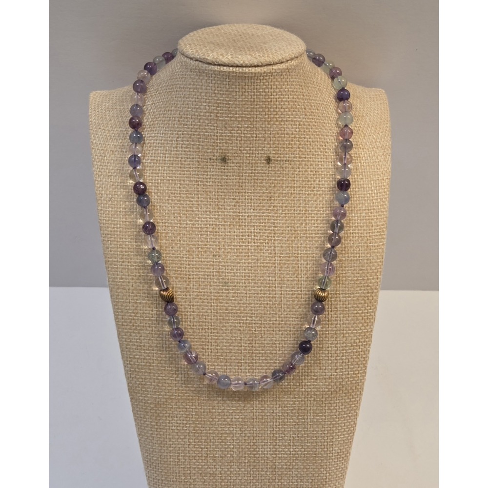 Rainbow Fluorite & Gold Bead Necklace 14k Yellow Gold Clasp 17"‎